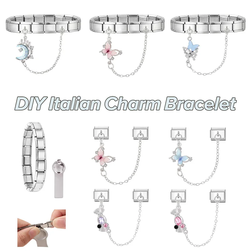New Shiny Zircon Moon Bow Knot Butterfly Tassel Chain Italian Charm Links Fit 9mm Stainless Steel Bracelet Women DIY Making Gift
New Shiny Zircon Moon Bow Knot Butterfly Tassel Chain Italian Charm Links Fit 9mm Stainless Steel Bracelet Women DIY Making Gift