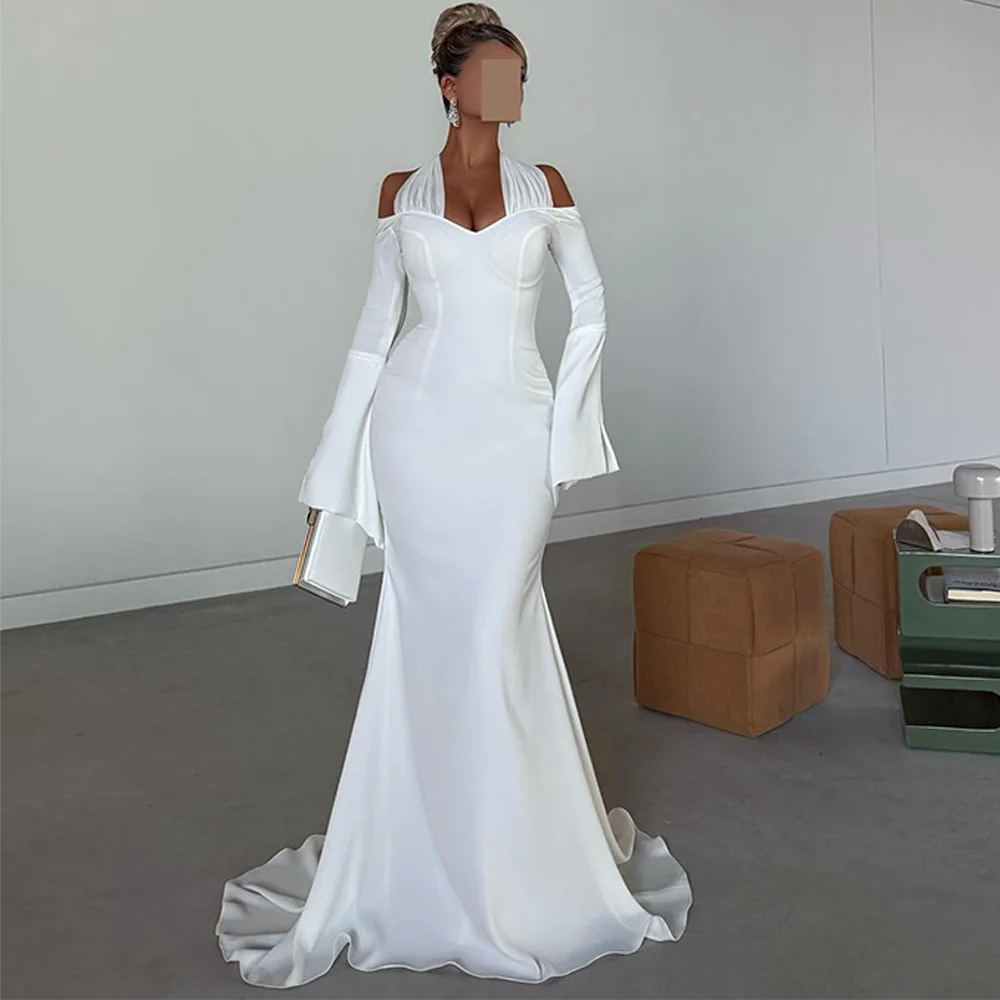 Graceful Mermaid White Jersey Evening Dress Simple Halter Long Sleeves Celebrity Gowns Customized Sweep Train Prom Dresses
Graceful Mermaid White Jersey Evening Dress Simple Halter Long Sleeves Celebrity Gowns Customized Sweep Train Prom Dresses