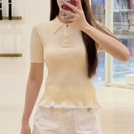 Spring/Summer Women Polo Neck Lace Splice Short Sleeve Knit Top Single Breasted Slim Fashion Casual Knit Pullover
Spring/Summer Women Polo Neck Lace Splice Short Sleeve Knit Top Single Breasted Slim Fashion Casual Knit Pullover