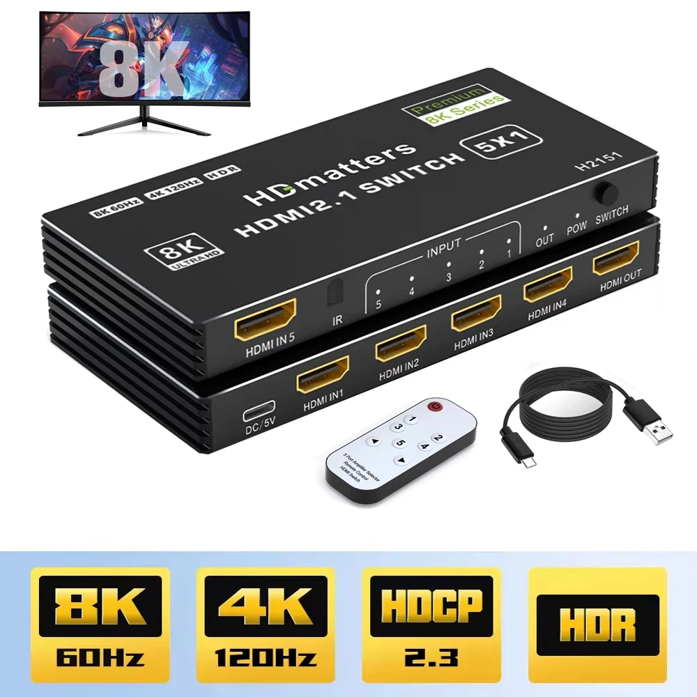8K60Hz 5x1 HDMI Switch | 4K@120Hz Gaming Ready | ARC/eARC | HDCP 2.3 | IR Remote | for PS5/Xbox Series X/PC
8K60Hz 5x1 HDMI Switch | 4K@120Hz Gaming Ready | ARC/eARC | HDCP 2.3 | IR Remote | for PS5/Xbox Series X/PC