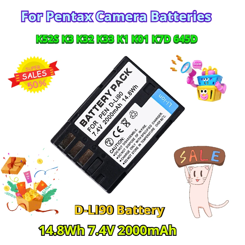 14.8Wh 7.4V 2000mAh D-LI90 Battery for Pentax K52S K3 K32 K33 K1 K01 K7D 645D Camera Batteries
14.8Wh 7.4V 2000mAh D-LI90 Battery for Pentax K52S K3 K32 K33 K1 K01 K7D 645D Camera Batteries