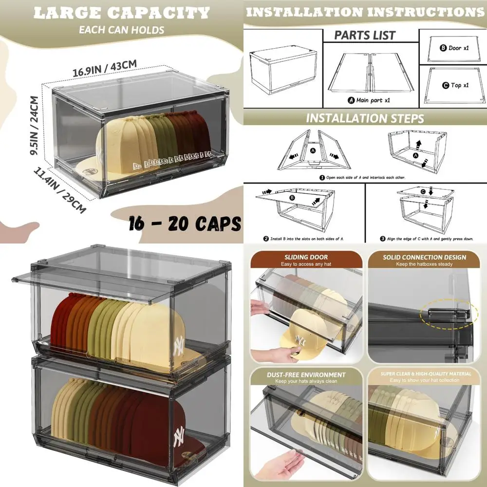 Stackable Clear Hat Organizer Box with Sliding Door, Holds 20 Hats - Black
Stackable Clear Hat Organizer Box with Sliding Door, Holds 20 Hats - Black