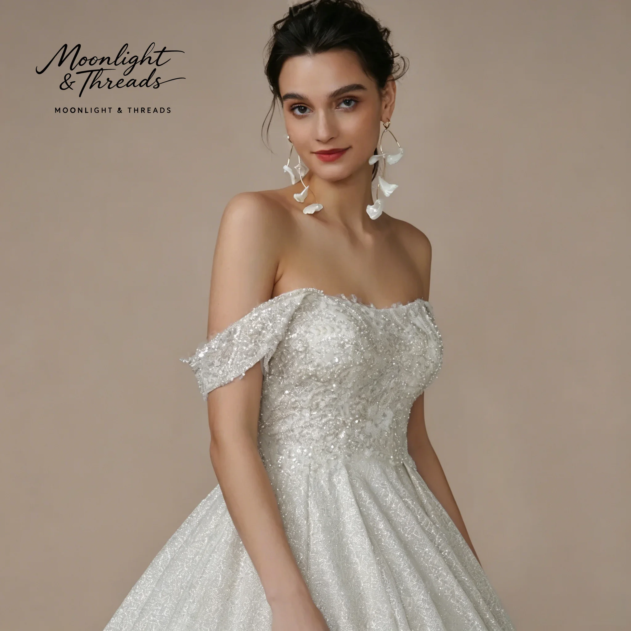 White strapless off-the-shoulder puffy dress featuring embroidered tulle and beadwork suitable for formal occasions and weddings
White strapless off-the-shoulder puffy dress featuring embroidered tulle and beadwork suitable for formal occasions and weddings