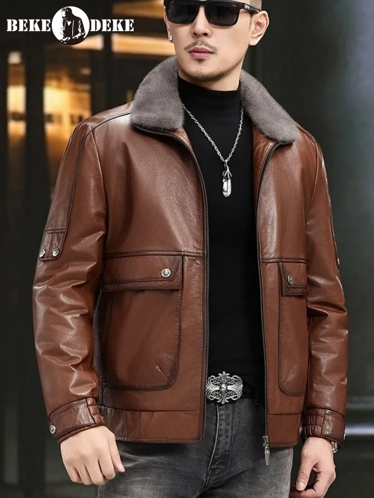 Зимняя мужская куртка из натуральной кожи из коровьей кожи со съемной подкладкой, теплое пуховое пальто, роскошный норковый воротник, облегающие повседневные короткие пальто
Зимняя мужская куртка из натуральной кожи из коровьей кожи со съемной подкладкой, теплое пуховое пальто, роскошный норковый воротник, облегающие повседневные короткие пальто