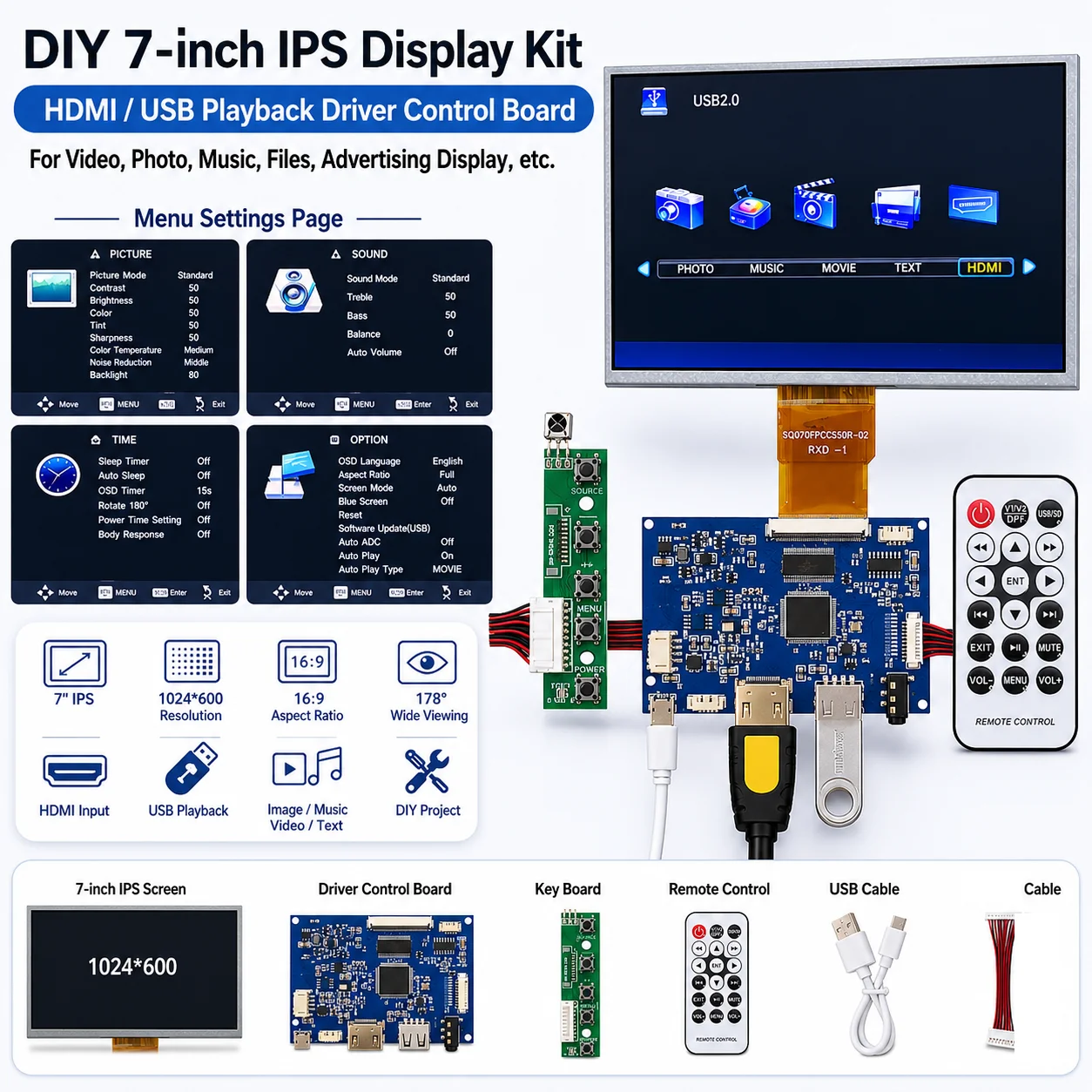 7 Inch IPS 1024x600 LCD Display Screen U Disk Driver Control Board with Raspberry Pi 4B/3B+/3B Banana/Orange Pi PC
7 Inch IPS 1024x600 LCD Display Screen U Disk Driver Control Board with Raspberry Pi 4B/3B+/3B Banana/Orange Pi PC