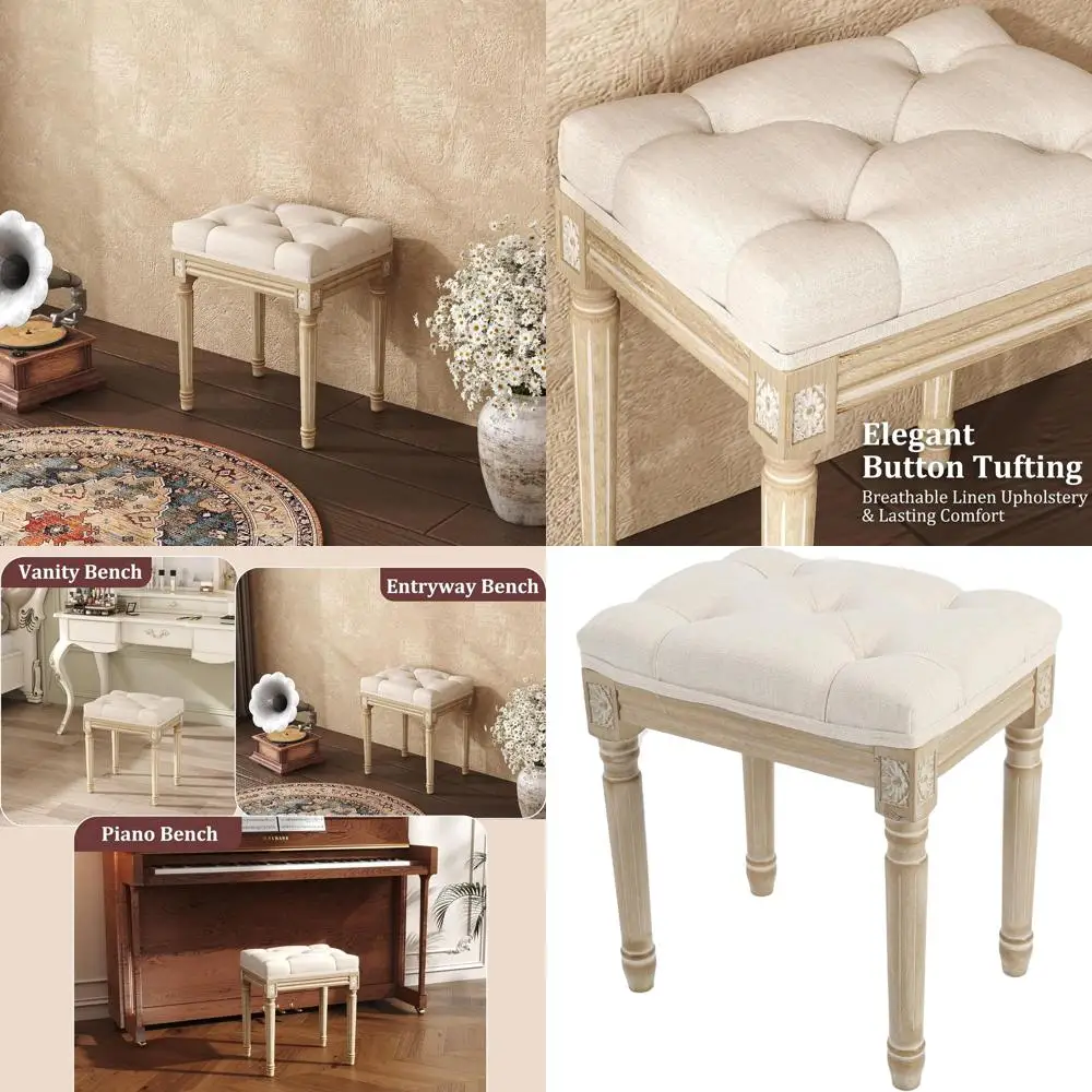 Vintage Beige Upholstered Stool for Makeup, Bedroom, Dining, Living Room, and Piano, Easy Assembly, Rustic Wooden Base
Vintage Beige Upholstered Stool for Makeup, Bedroom, Dining, Living Room, and Piano, Easy Assembly, Rustic Wooden Base