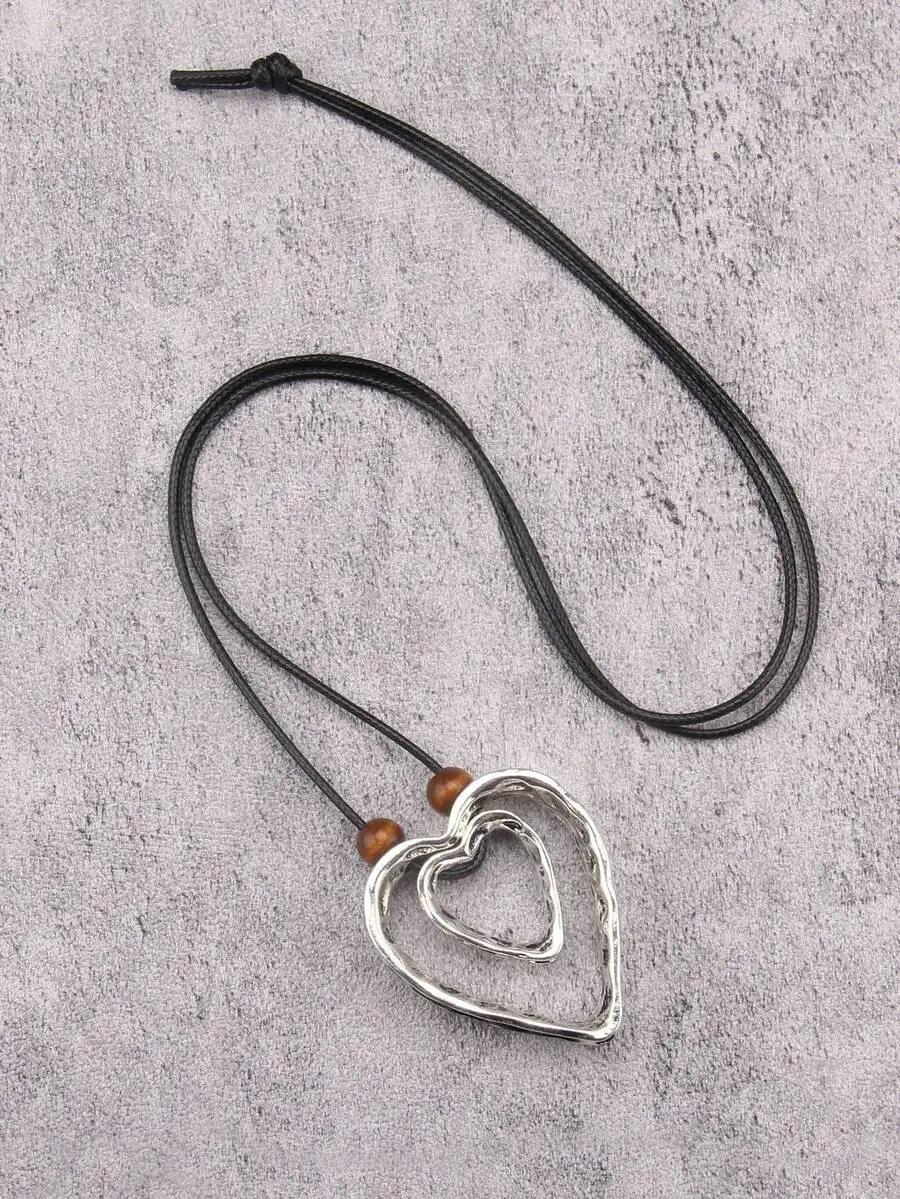 Romantic Double Heart Pendant Necklace With Wooden Beads, Adjustable Cord Choker For Women
Romantic Double Heart Pendant Necklace With Wooden Beads, Adjustable Cord Choker For Women