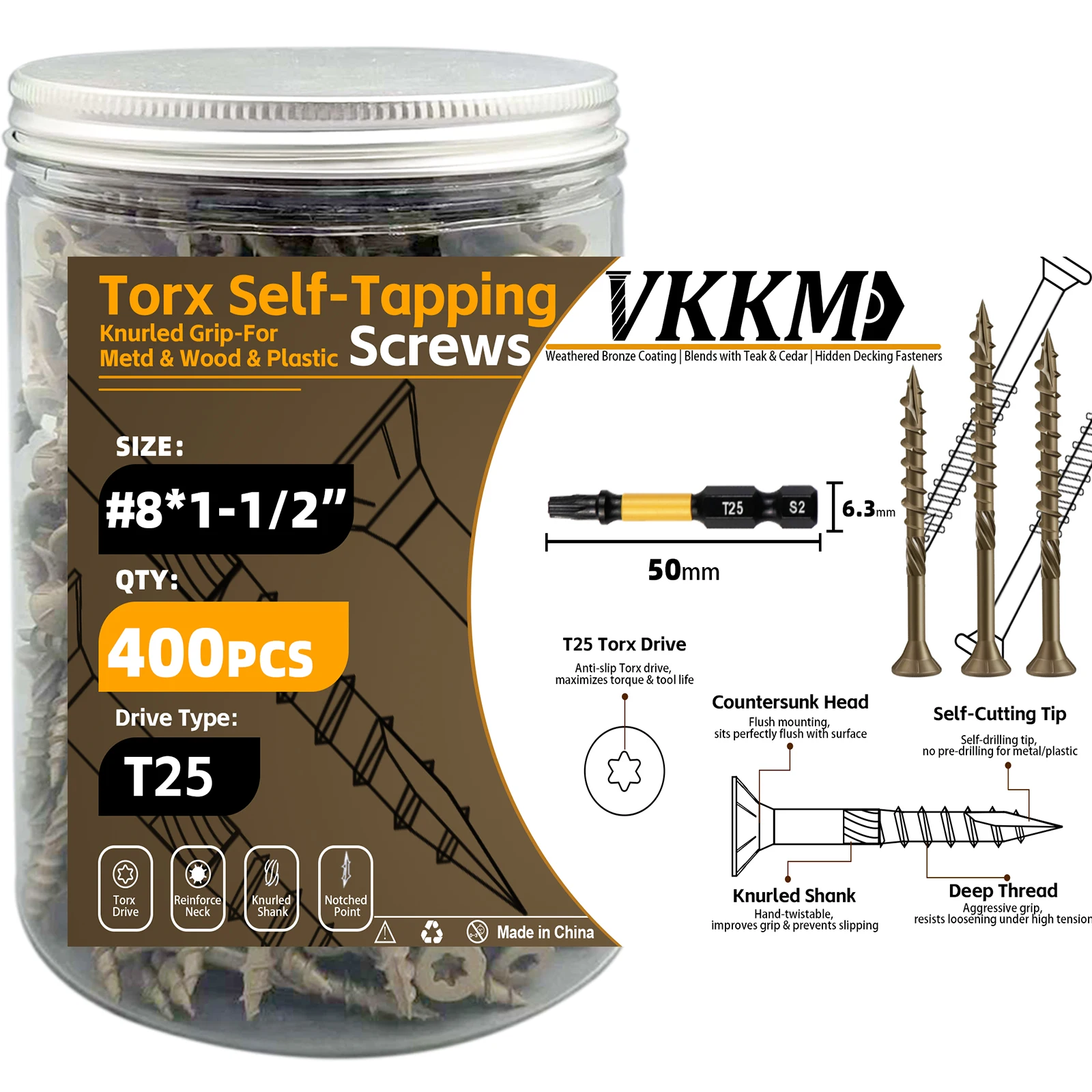 VKKM Carbon Steel Torx Screws #8 #10 x 1-1/2'' 2'' 3'' T25 Self-Tapping Knurled Grip for Metal Plastic
VKKM Carbon Steel Torx Screws #8 #10 x 1-1/2'' 2'' 3'' T25 Self-Tapping Knurled Grip for Metal Plastic