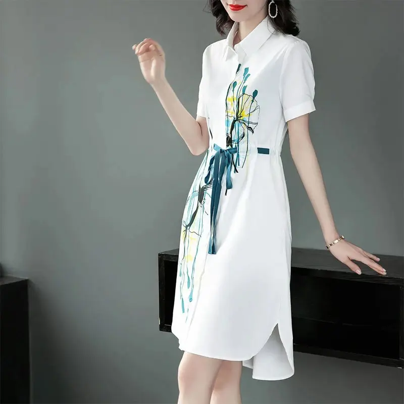 Women's Clothing Fashion Printed Midi Dress Summer Casual Polo-Neck Elegant A-Line Korean Drawstring Bow Asymmetrical Dresses
Women's Clothing Fashion Printed Midi Dress Summer Casual Polo-Neck Elegant A-Line Korean Drawstring Bow Asymmetrical Dresses