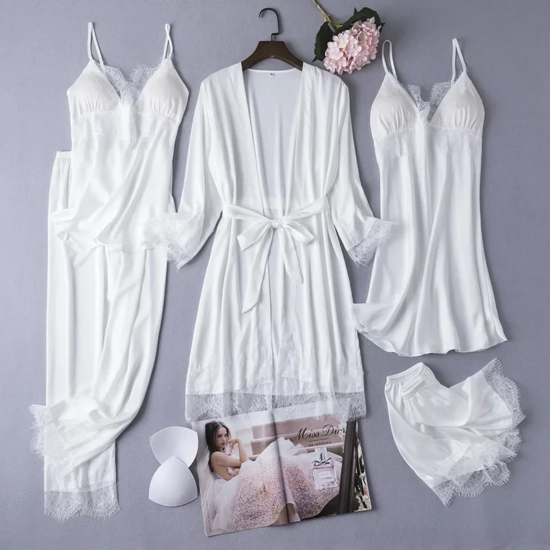 White 5PCS Women Robe Set Sexy Sleepwear Lace Kimono Bathrobe Gown Silky Lingerie Nightwear Lounge Wear Casual Home Clothes
White 5PCS Women Robe Set Sexy Sleepwear Lace Kimono Bathrobe Gown Silky Lingerie Nightwear Lounge Wear Casual Home Clothes