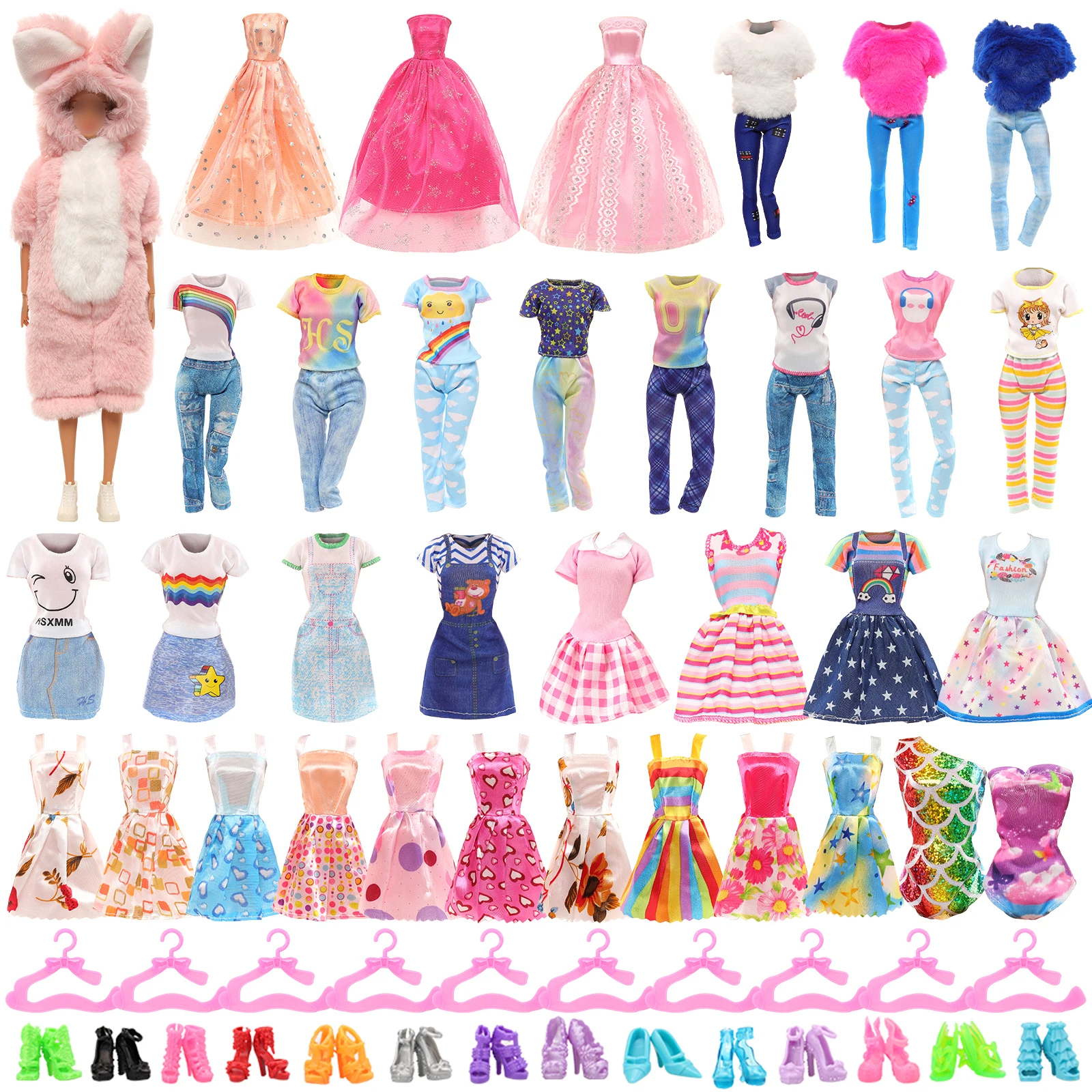 Barwa Kawai Rabbit Series Doll Clothes 38 Pcs=1 Rabbit Jumpsuit+4 Top pant+1 Trouser+11 Skirts+2 Swimsuits+10 Hangers+10 Shoes
Barwa Kawai Rabbit Series Doll Clothes 38 Pcs=1 Rabbit Jumpsuit+4 Top pant+1 Trouser+11 Skirts+2 Swimsuits+10 Hangers+10 Shoes