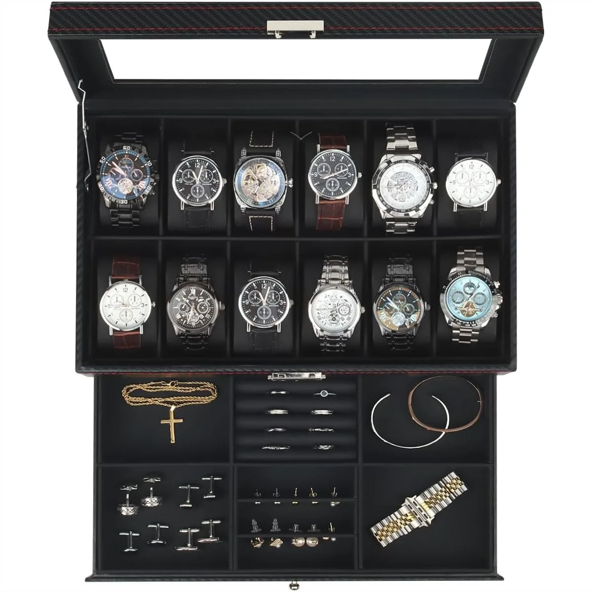 Watch Box Jewelry Organizer, 12-Slot 2-Layer Watch Case Storage with Glass Lid and Lock for Men Women
Watch Box Jewelry Organizer, 12-Slot 2-Layer Watch Case Storage with Glass Lid and Lock for Men Women