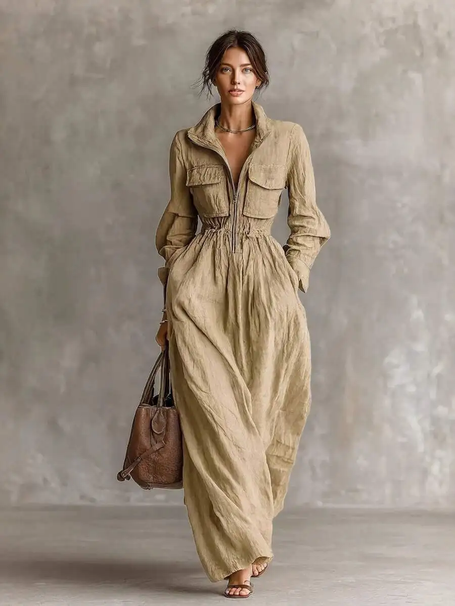 Boho Linen Maxi Dress: Half-Zip Stand Collar, Drawstring Waist, Patch Pockets, Flowy Long Sleeves For Casual Vacation Wear
Boho Linen Maxi Dress: Half-Zip Stand Collar, Drawstring Waist, Patch Pockets, Flowy Long Sleeves For Casual Vacation Wear
