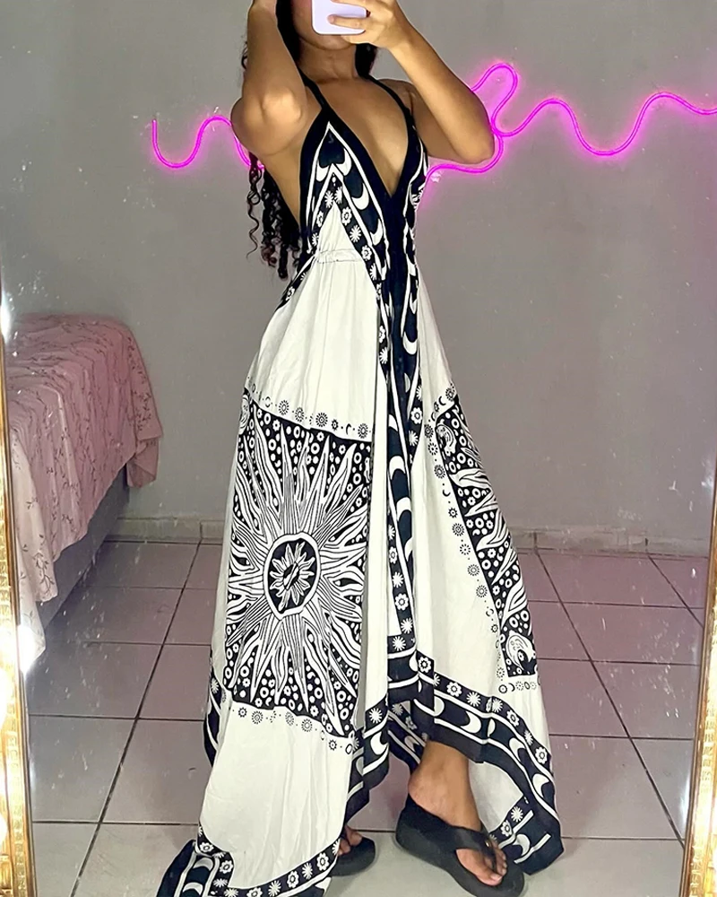 Womens Dresses 2025 Summer New Fashion Tribal Print V-Neck Backless Lace-Up Maxi Dress Casual A Line Flowy Vacation Long Dress
Womens Dresses 2025 Summer New Fashion Tribal Print V-Neck Backless Lace-Up Maxi Dress Casual A Line Flowy Vacation Long Dress