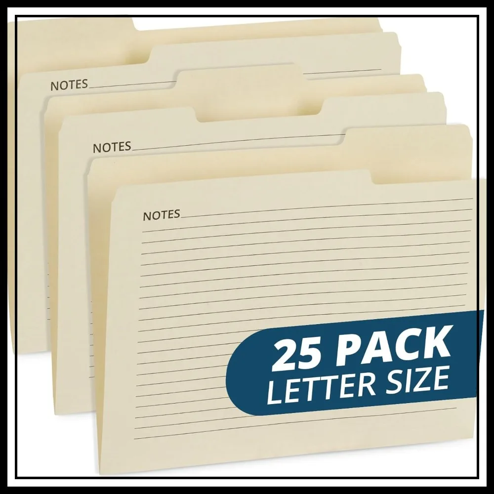 Manilla Folders, 8.5x11 Letter Size, 1/3 Cut Tab, 25 Pack with Notes, Ideal for Filing & Organization
Manilla Folders, 8.5x11 Letter Size, 1/3 Cut Tab, 25 Pack with Notes, Ideal for Filing & Organization