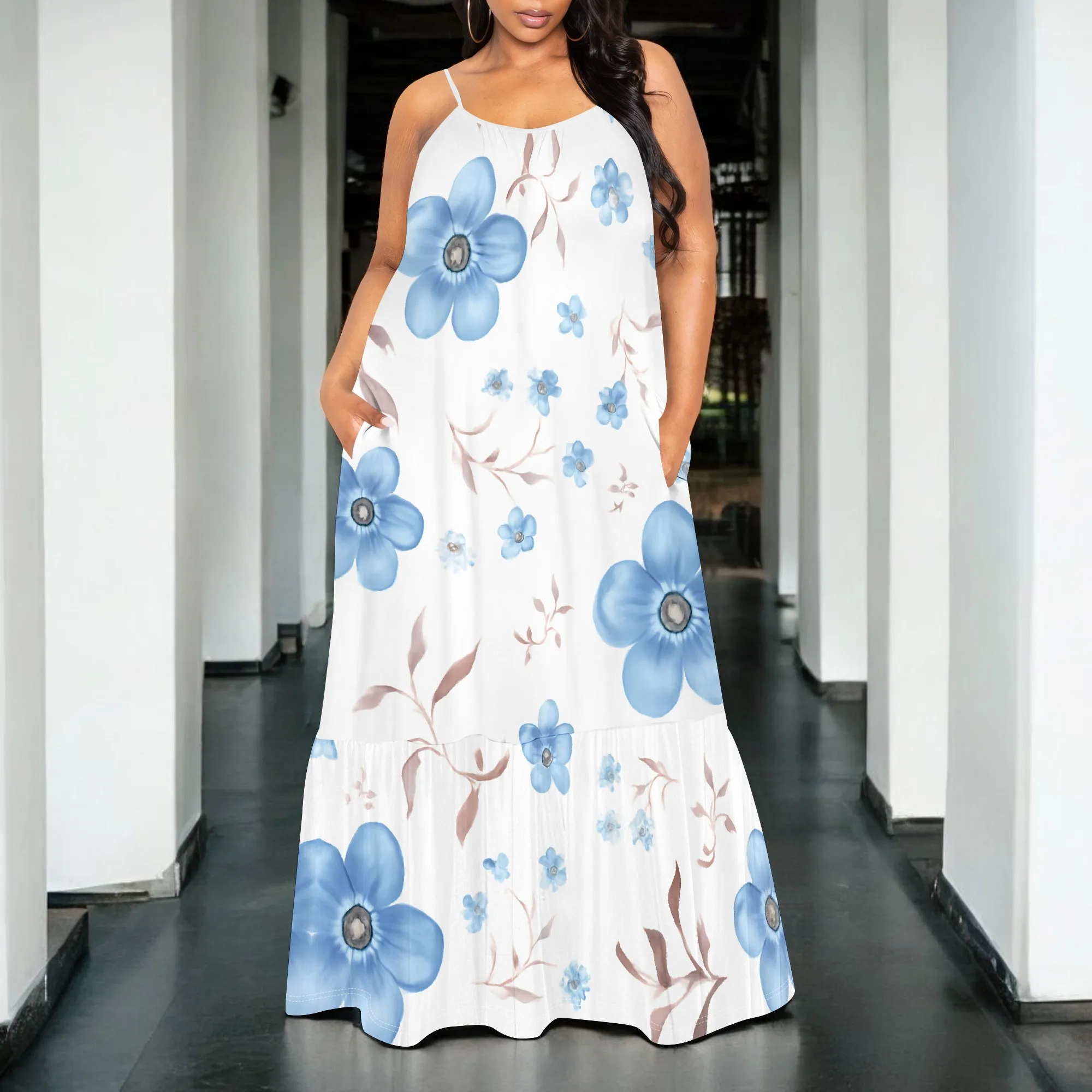 Blue Floral Print Maxi Dress S-3XL Spaghetti Strap Loose Fit Style with Pockets for Garden Brunch, Summer Walk or Vacation Look 
Blue Floral Print Maxi Dress S-3XL Spaghetti Strap Loose Fit Style with Pockets for Garden Brunch, Summer Walk or Vacation Look