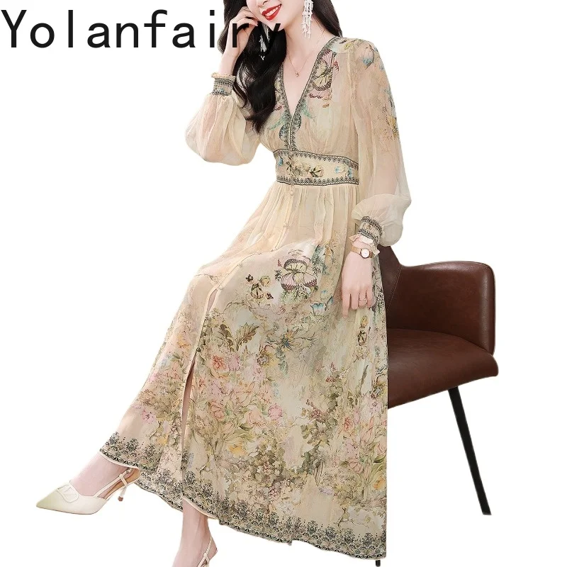 YOLANFAIRY Brand High-end 100% Real Mulberry Silk Dress for Women Summer Fashion Printed Long Dresses Elegant Birthday Dress
YOLANFAIRY Brand High-end 100% Real Mulberry Silk Dress for Women Summer Fashion Printed Long Dresses Elegant Birthday Dress