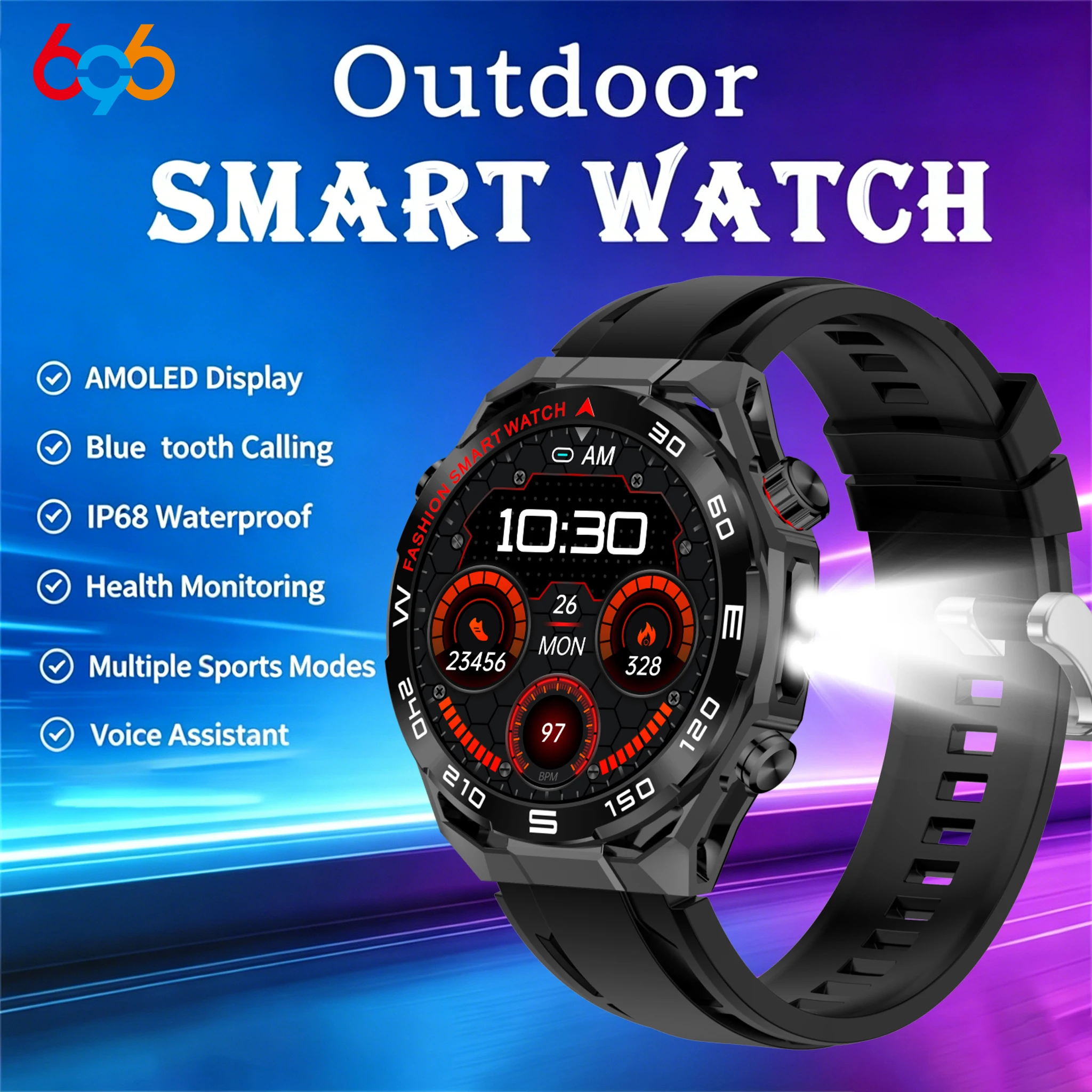 696 Outdoor Sports Smart Watch LED Flashlight Waterproof Health Watches AMOLED Screen Blue Tooth Call Voice Assistant Smartwatch
696 Outdoor Sports Smart Watch LED Flashlight Waterproof Health Watches AMOLED Screen Blue Tooth Call Voice Assistant Smartwatch