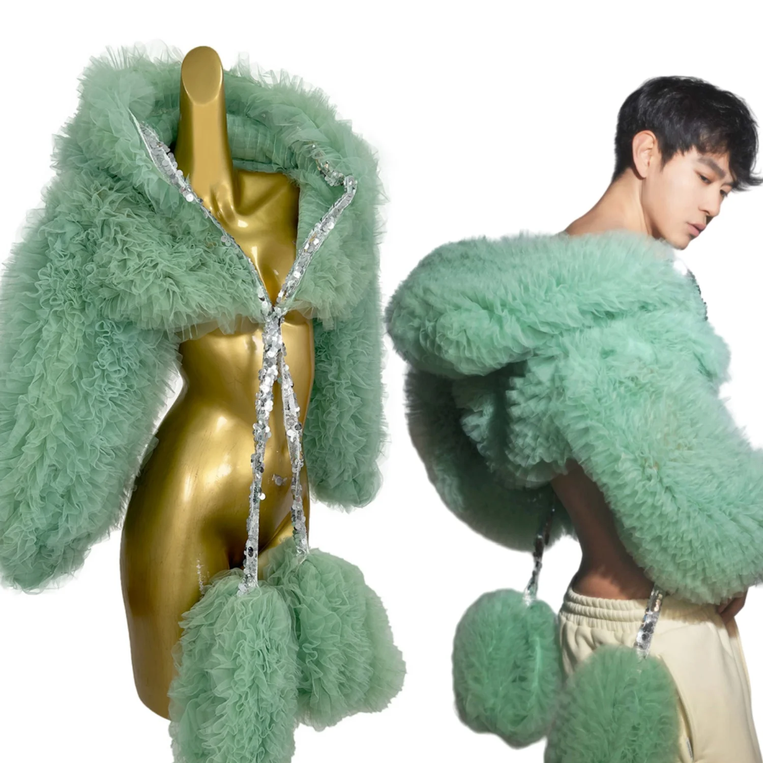 Unisex Short Jacket Nightclub Party Festival Celebrate Outfit Dance Suit Sexy Hood Gauze Mesh Coat Women Men gig Wear Maoshan
Unisex Short Jacket Nightclub Party Festival Celebrate Outfit Dance Suit Sexy Hood Gauze Mesh Coat Women Men gig Wear Maoshan