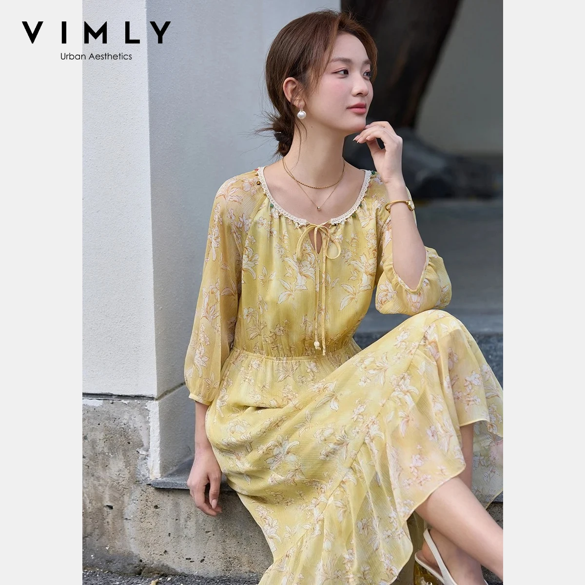 VIMLY Women's French Floral Dress 2026 Spring New Fashion Stone Lace Trim Tie Neck 3/4 Sleeve Lantern Sleeve Midi Dress A5225
VIMLY Women's French Floral Dress 2026 Spring New Fashion Stone Lace Trim Tie Neck 3/4 Sleeve Lantern Sleeve Midi Dress A5225