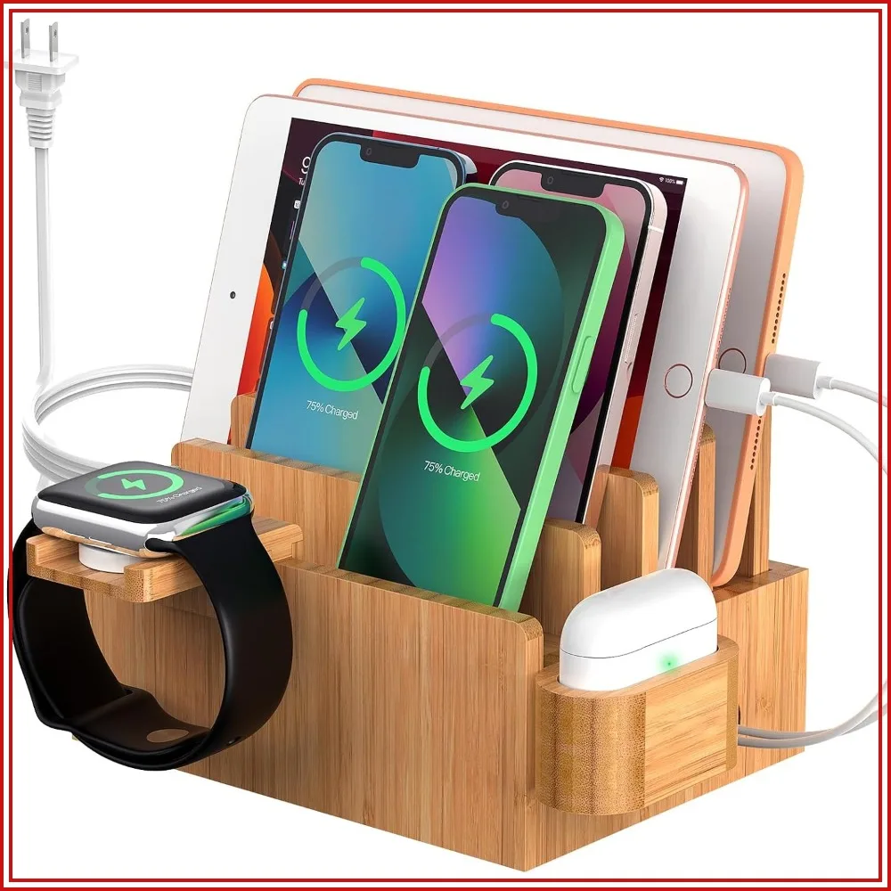 Bamboo Charging Station for Multiple Devices with 5 Port USB Charger, 5 Cables, Watch & Earbuds Stand, Electronic Desktop Organizer for Cellphone, Tablet, Watch, Earbuds
Bamboo Charging Station for Multiple Devices with 5 Port USB Charger, 5 Cables, Watch & Earbuds Stand, Electronic Desktop Organizer for Cellphone, Tablet, Watch, Earbuds