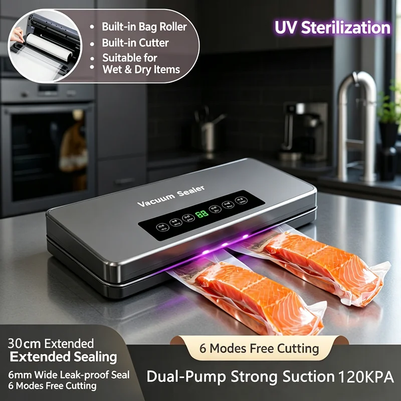 Kitchen household food vacuum sealing machine. High power, double pump 120Kpa strong suction. Bag roll holder. Suitable for 32cm
Kitchen household food vacuum sealing machine. High power, double pump 120Kpa strong suction. Bag roll holder. Suitable for 32cm