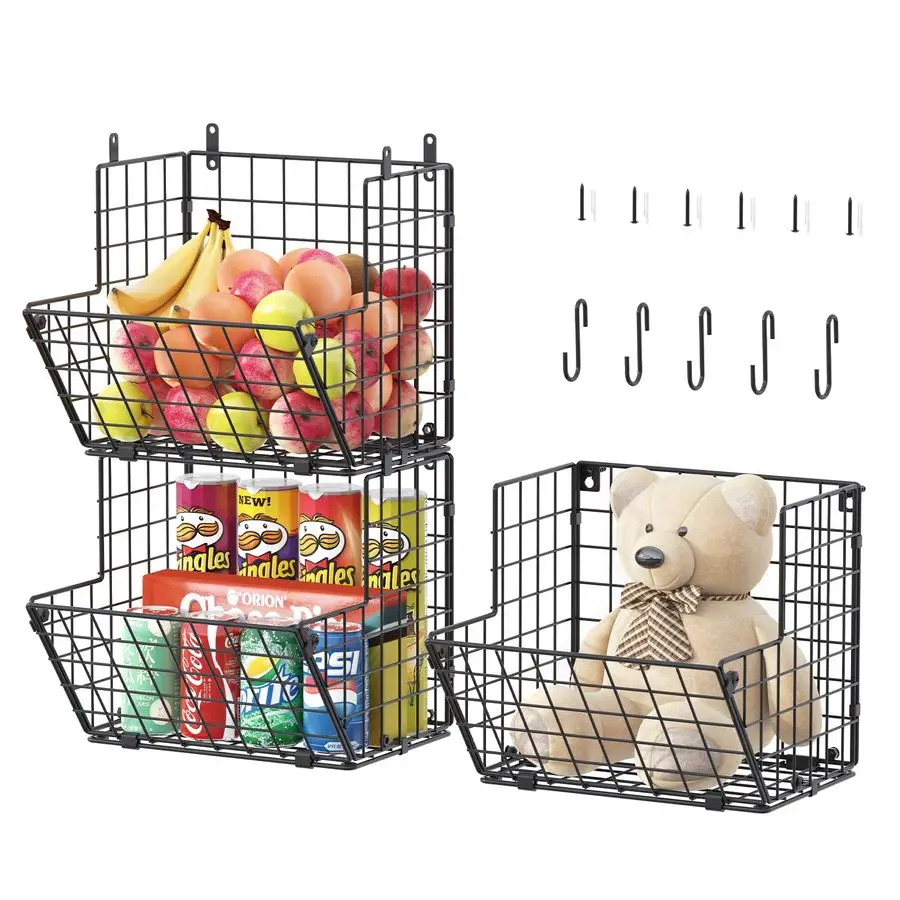 Metal Wire Basket Wall Mount, 3 Tier Wall Storage Organizer with 5 S Hooks, Kitchen Fruits and Vegetables Bin Toys Organizer Han
Metal Wire Basket Wall Mount, 3 Tier Wall Storage Organizer with 5 S Hooks, Kitchen Fruits and Vegetables Bin Toys Organizer Han