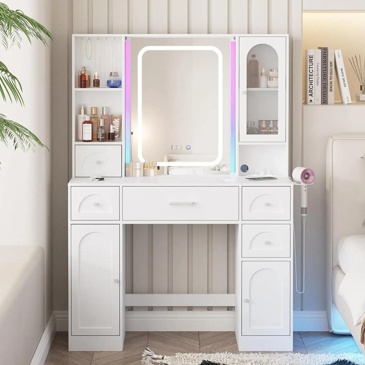 White Vanity Desk with Mirror and Lights,Makeup Vanity with RGB Lights and Power Strip,Makeup Desk Vanity Table with 5 Drawers
White Vanity Desk with Mirror and Lights,Makeup Vanity with RGB Lights and Power Strip,Makeup Desk Vanity Table with 5 Drawers