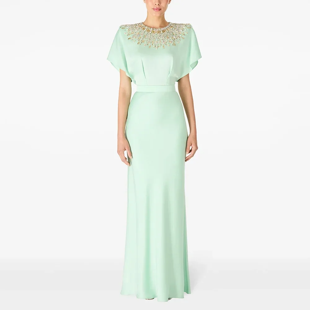 Mint Green Evening Dress Customized Women's Backless Shiny Beaded Diamonds Long Maxi Dress High Neck Short Sleeves Evening Gown
Mint Green Evening Dress Customized Women's Backless Shiny Beaded Diamonds Long Maxi Dress High Neck Short Sleeves Evening Gown