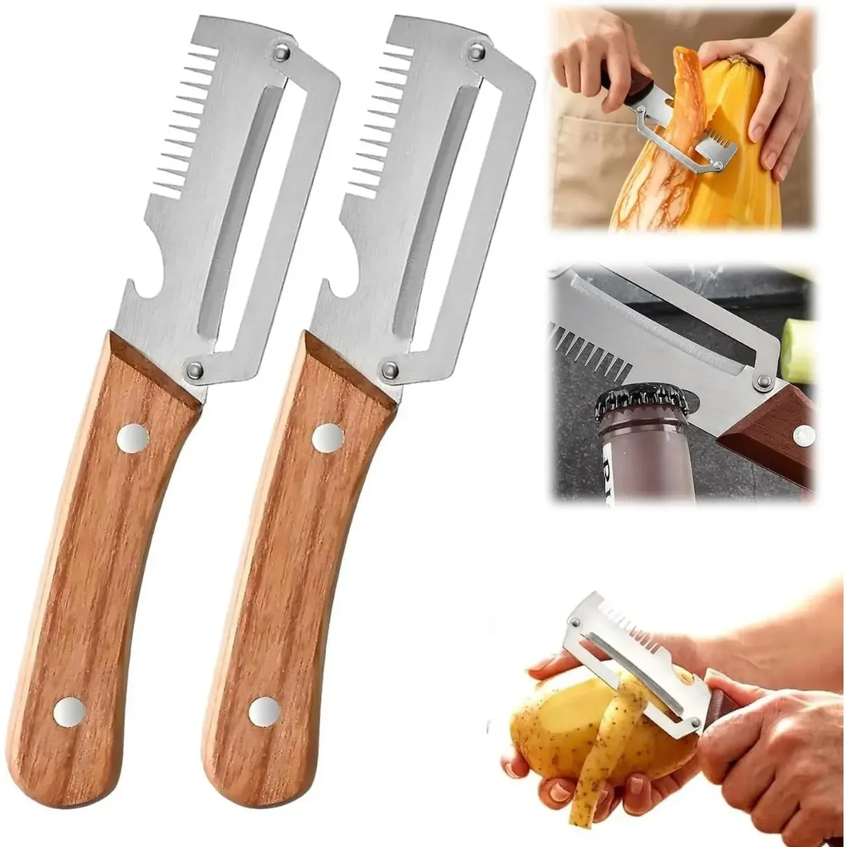2PCS Multifunctional Vegetable Peeler, 3-in-1 Stainless Steel Vegetable Peeler with Wooden Handle and Bottle Opener, Kitchen Gadgets for Fruit Veggie Potato Pumpkin Apple Carrot
2PCS Multifunctional Vegetable Peeler, 3-in-1 Stainless Steel Vegetable Peeler with Wooden Handle and Bottle Opener, Kitchen Gadgets for Fruit Veggie Potato Pumpkin Apple Carrot