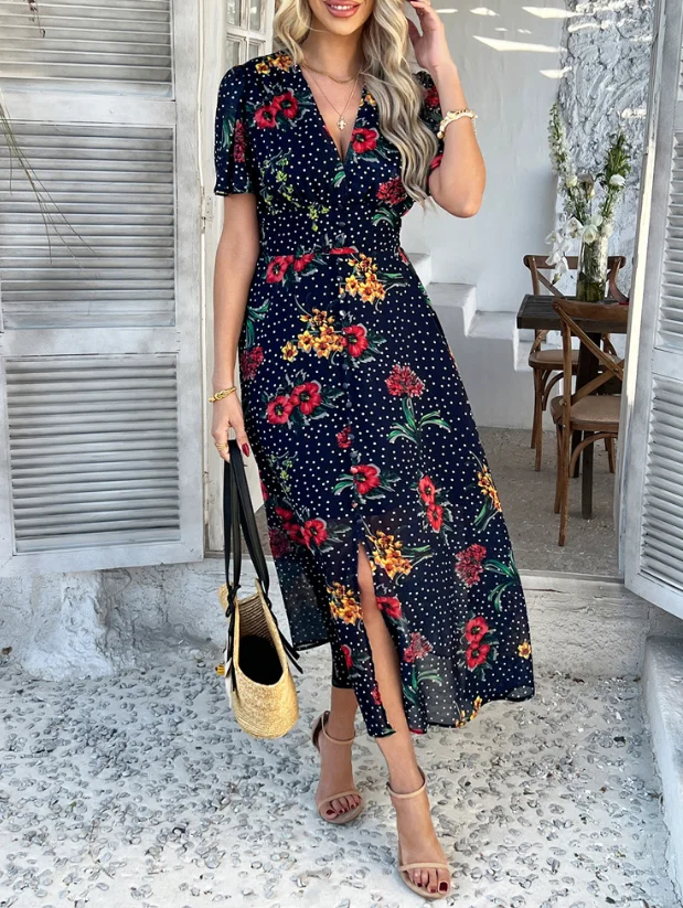Elegant Dress Fashion 2025 Spring Summer Bohemian Sexy Deep V Chiffon Printed Short Sleeved Dress for Women
Elegant Dress Fashion 2025 Spring Summer Bohemian Sexy Deep V Chiffon Printed Short Sleeved Dress for Women