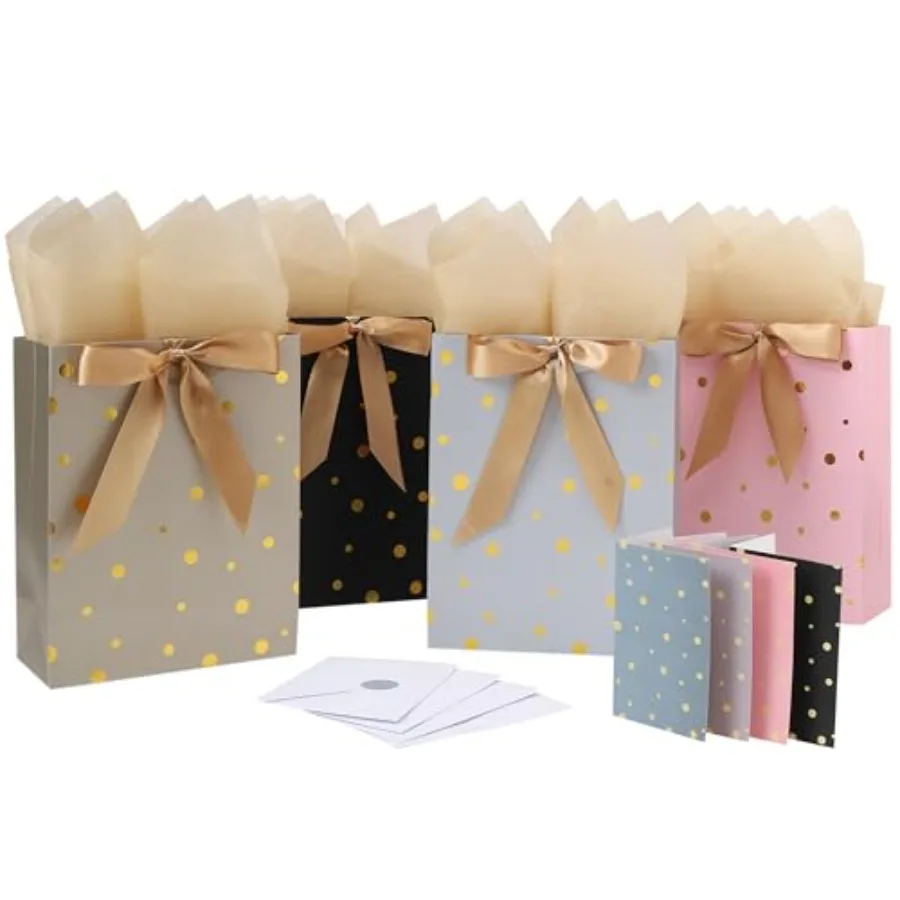 4-Pack 10.6" Medium Gift Bag Set with Handles, Greeting Card, Tissue Papers and Stickers for for Women Girls Men Boys Teens for
4-Pack 10.6" Medium Gift Bag Set with Handles, Greeting Card, Tissue Papers and Stickers for for Women Girls Men Boys Teens for