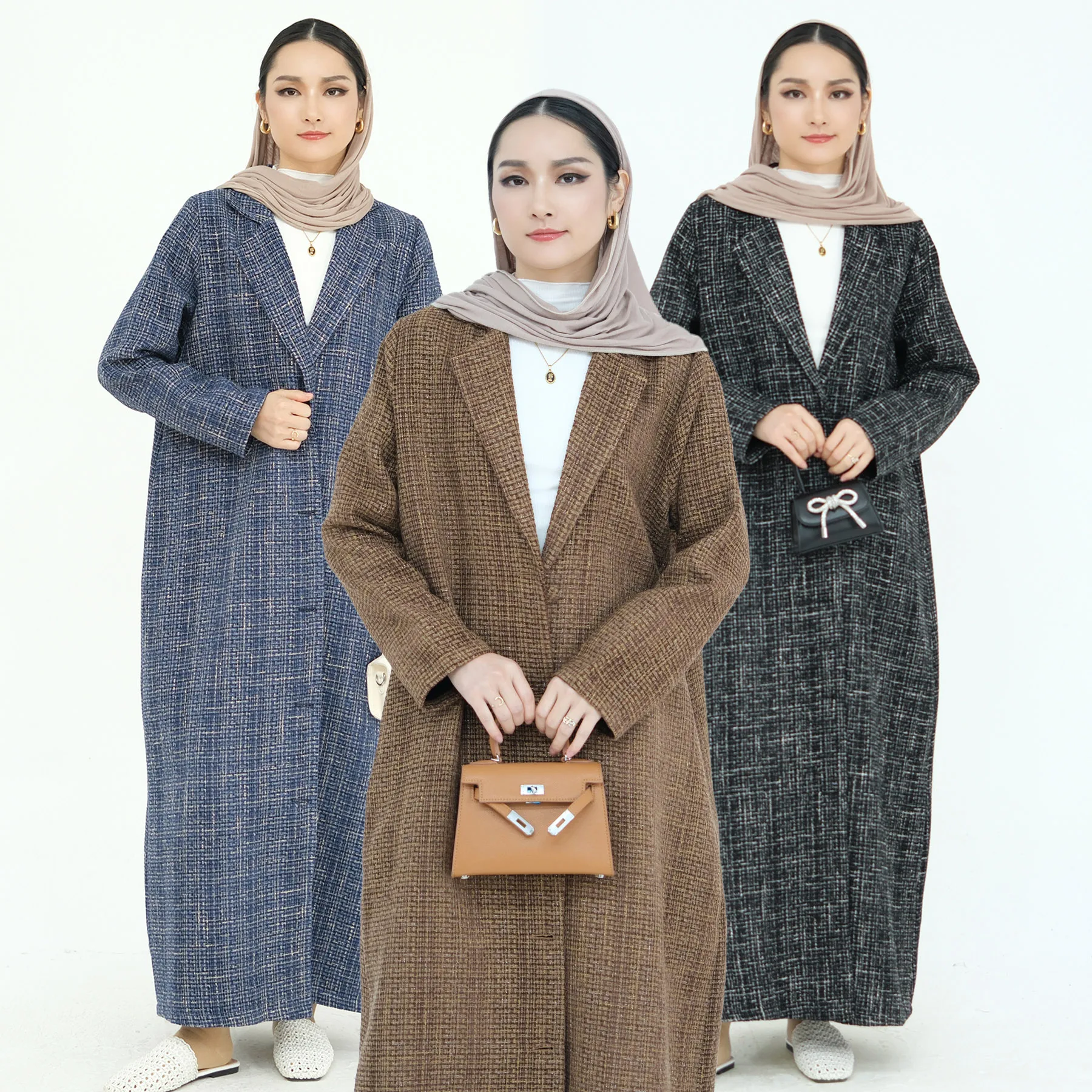 Длинное твидовое пальто хиджаби, осенне-зимний пиджак с воротником, однобортное пальто до щиколотки, плотное мусульманское женское пальто, теплое кимоно Абая 
Длинное твидовое пальто хиджаби, осенне-зимний пиджак с воротником, однобортное пальто до щиколотки, плотное мусульманское женское пальто, теплое кимоно Абая