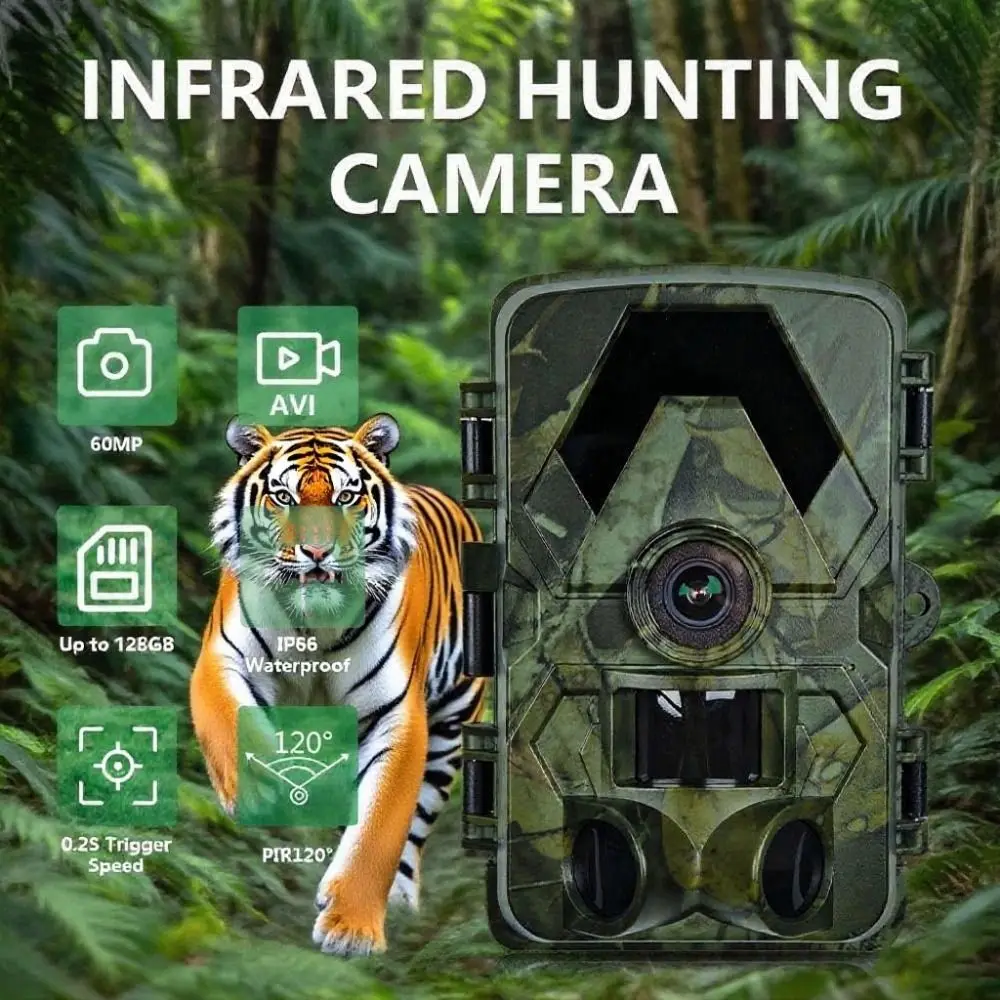 IP66 Waterproof Outdoor Infrared Trail Camera 0.2s Trigger Speed 120° Wide-Angle 60MP Wildlife Tracker Camera 5K Video
IP66 Waterproof Outdoor Infrared Trail Camera 0.2s Trigger Speed 120° Wide-Angle 60MP Wildlife Tracker Camera 5K Video