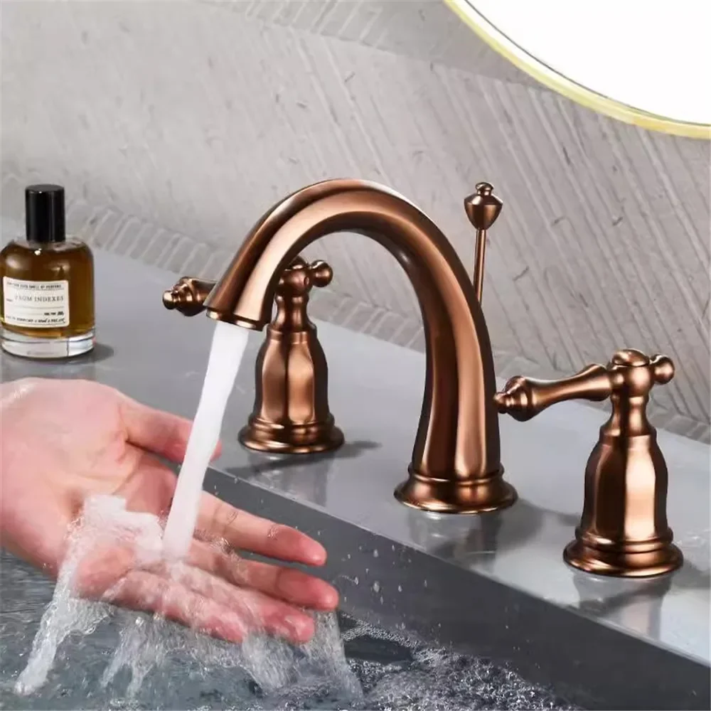 Rose Gold/Gold Widespread Bathroom Faucet with pop up drain Gold Basin Faucet 3 Hole Chrome Cold Hot Mixer Water Sink ap
Rose Gold/Gold Widespread Bathroom Faucet with pop up drain Gold Basin Faucet 3 Hole Chrome Cold Hot Mixer Water Sink ap