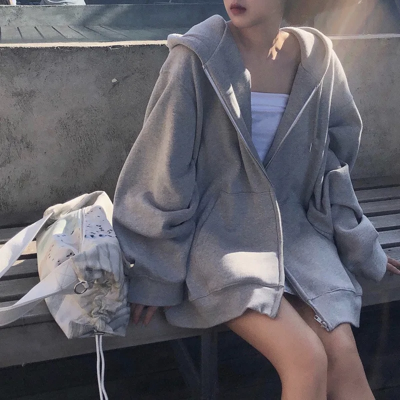Women's Oversize Hoodie Jacket Zipper Closure Thin Fleece Grey Long Sleeve Cardigan Style Loose Fit Autumn Winter Clothes
Women's Oversize Hoodie Jacket Zipper Closure Thin Fleece Grey Long Sleeve Cardigan Style Loose Fit Autumn Winter Clothes