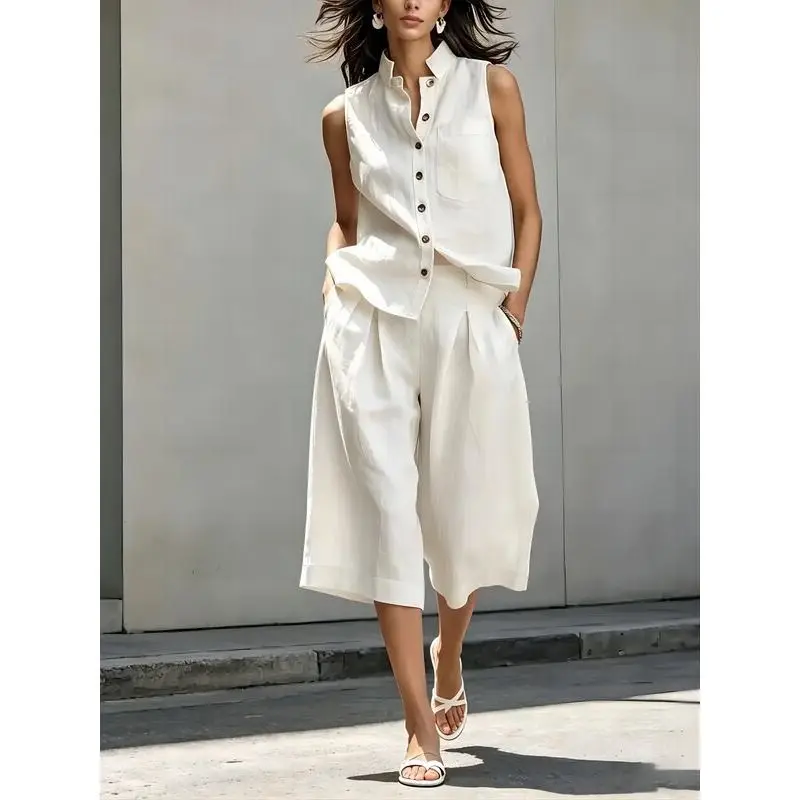 Summer Fashion New Loose Pocket Two Piece Sets Women's Casual Single Breasted Sleeveless Linen Shirt 2piece Set Ladies Beach Set
Summer Fashion New Loose Pocket Two Piece Sets Women's Casual Single Breasted Sleeveless Linen Shirt 2piece Set Ladies Beach Set