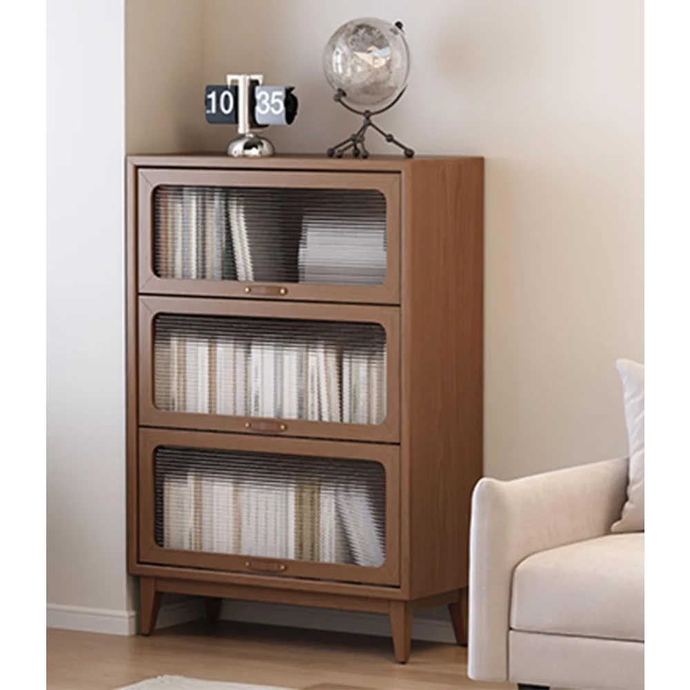 3 tier solid wood book case with corrugated tempered glass doors, dusty wooden bookshelf
3 tier solid wood book case with corrugated tempered glass doors, dusty wooden bookshelf