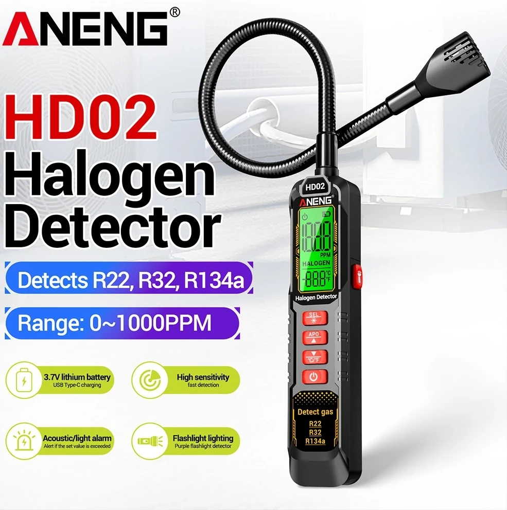 Smart Leak Detector Halogen Gas Refrigerant Gas Analyzer Air Conditioning R22 R32 R134a Gas 0~1000PPM HD02 Rechargable Tester
Smart Leak Detector Halogen Gas Refrigerant Gas Analyzer Air Conditioning R22 R32 R134a Gas 0~1000PPM HD02 Rechargable Tester