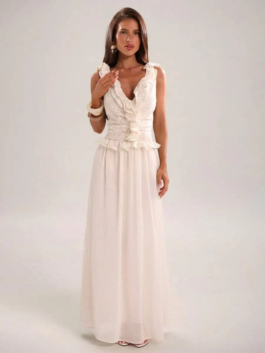 Elegant Ivory Lace Ruffle Trim V-Neck Sleeveless Chiffon Maxi Dress For Beach Vacation Romantic Date Wedding
Elegant Ivory Lace Ruffle Trim V-Neck Sleeveless Chiffon Maxi Dress For Beach Vacation Romantic Date Wedding