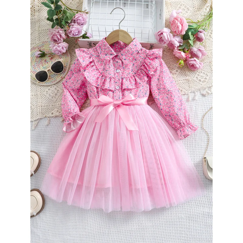 Girls Spring and Autumn Small Floral Pattern Long Sleeve Shirt Dress Button Shirt Spliced Mesh Skirt
Girls Spring and Autumn Small Floral Pattern Long Sleeve Shirt Dress Button Shirt Spliced Mesh Skirt