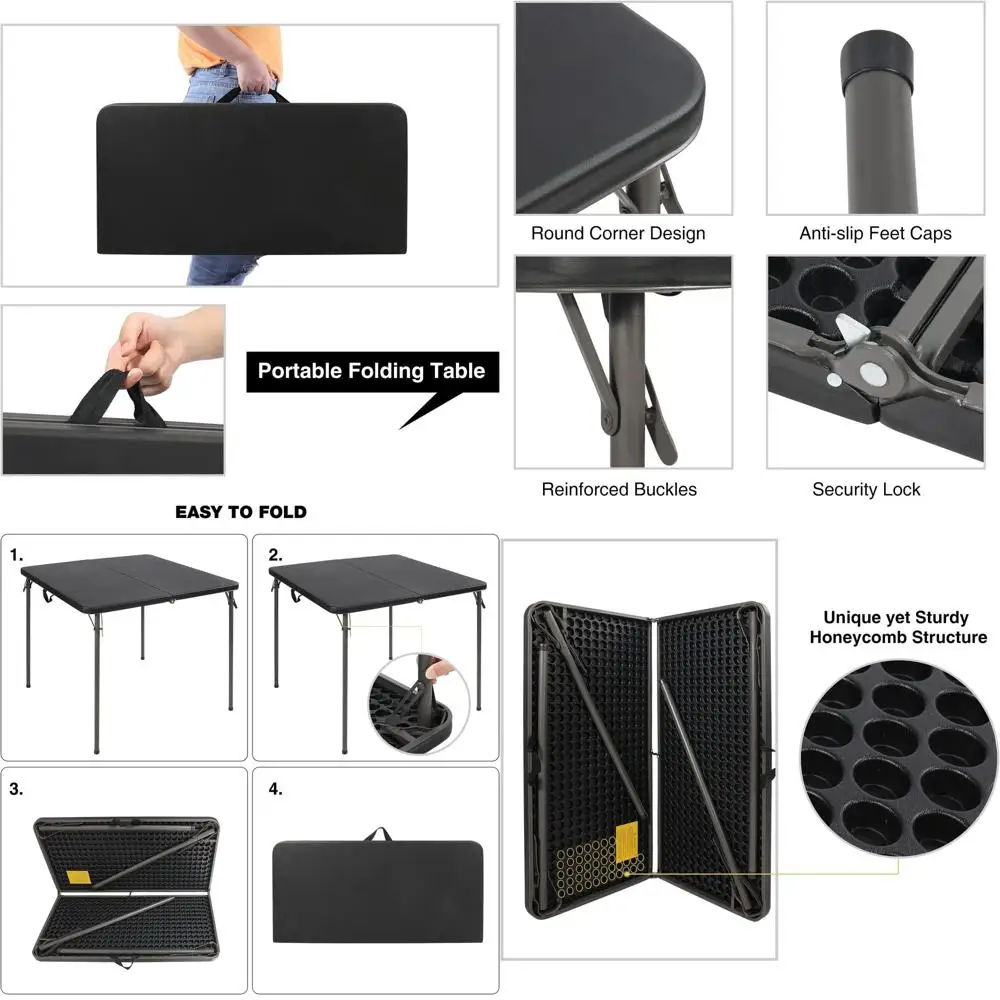 Компактный складной карточный столик площадью 34 квадратных фута с полимерной столешницей, портативный и прочный, для использования в помещении и на улице, черный
Компактный складной карточный столик площадью 34 квадратных фута с полимерной столешницей, портативный и прочный, для использования в помещении и на улице, черный