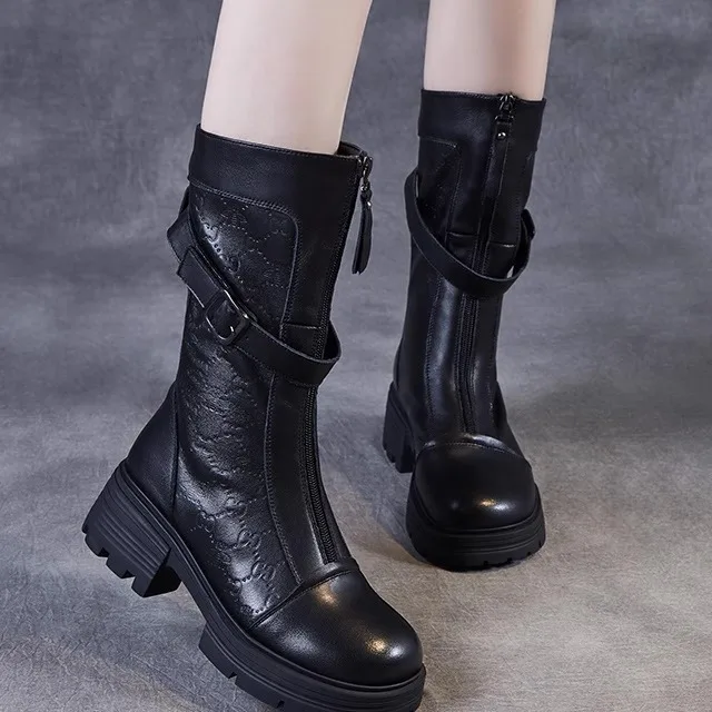 Women's Boots Embossed Top Layer Cowhide Thick Bottom Mid-Calf Black Boots Leather Shoes round Toe mid Heel Rubber Sole
Women's Boots Embossed Top Layer Cowhide Thick Bottom Mid-Calf Black Boots Leather Shoes round Toe mid Heel Rubber Sole