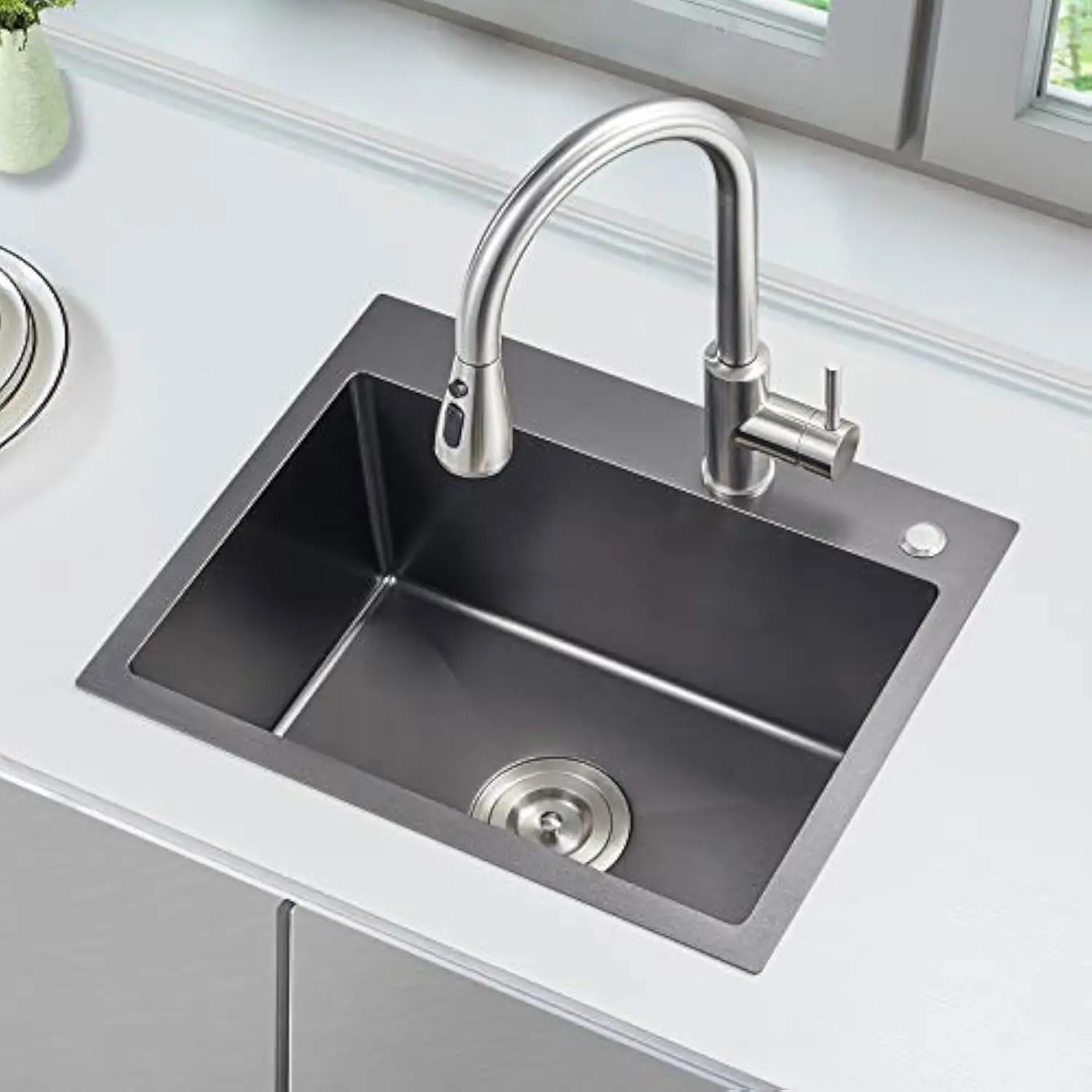 22 x 18 Inch Drop-in Topmount Kitchen Sink Single Bowl, Handmade Black Nano Titanium Plating SUS304 Stainless Steel Drop-in Ki
22 x 18 Inch Drop-in Topmount Kitchen Sink Single Bowl, Handmade Black Nano Titanium Plating SUS304 Stainless Steel Drop-in Ki