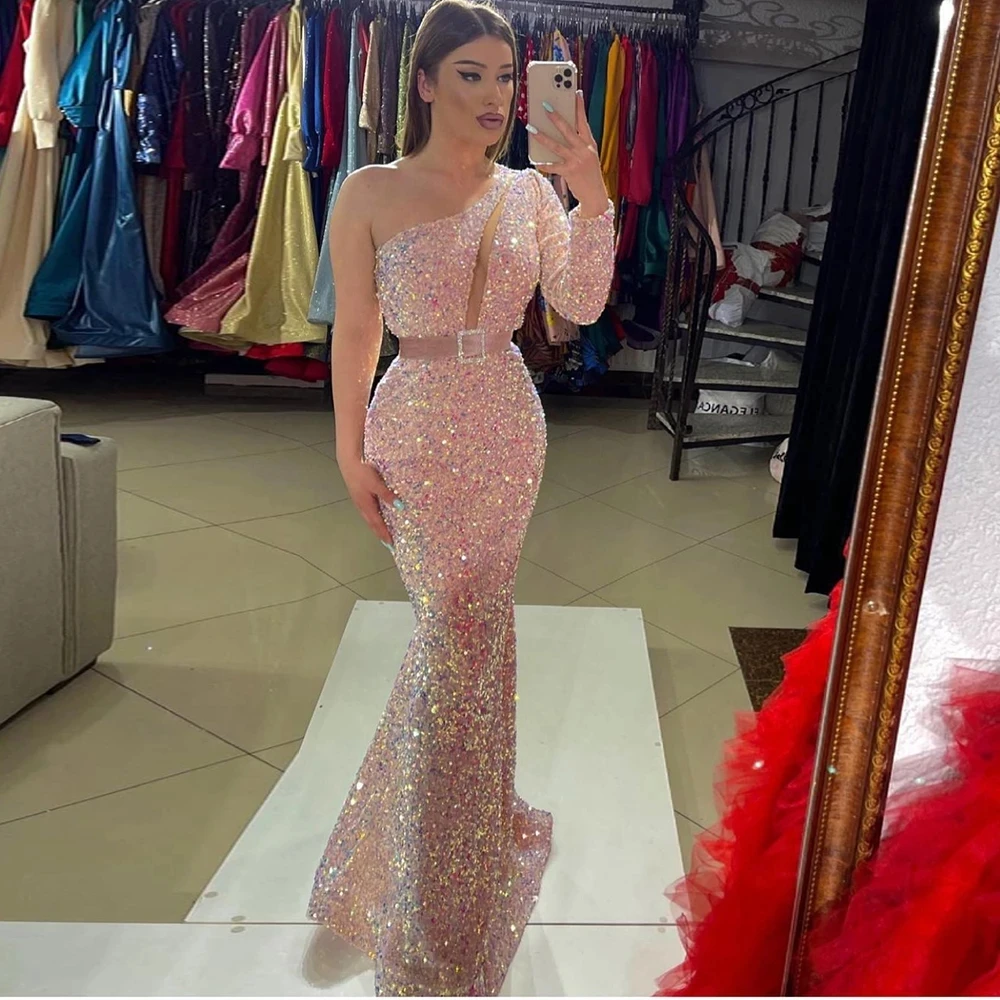 Sweet Pink Sequins Evening Dresses Mermaid Single One Shoulder Long Sleeves Cut V Neck Women Formal Prom Gowns 2023 Met Gala
Sweet Pink Sequins Evening Dresses Mermaid Single One Shoulder Long Sleeves Cut V Neck Women Formal Prom Gowns 2023 Met Gala