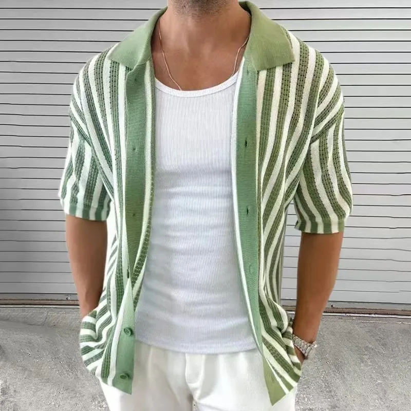 Summer Elegant Striped Men's Knitted Polo Shirts Short Sleeve Turn-Down Collar Button Cardigan Top Men's Casual Knitted Shirt
Summer Elegant Striped Men's Knitted Polo Shirts Short Sleeve Turn-Down Collar Button Cardigan Top Men's Casual Knitted Shirt