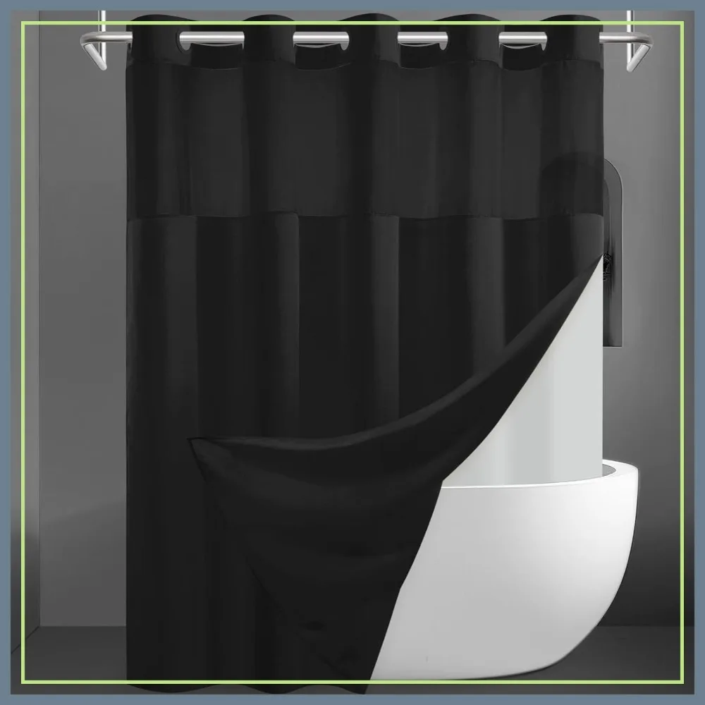 No Hook Slub Textured Shower Curtain with Snap-in Liner - Black Fabric Outer & Waterproof Inner, Hotel Style with See-Through Top Window, 71x74
No Hook Slub Textured Shower Curtain with Snap-in Liner - Black Fabric Outer & Waterproof Inner, Hotel Style with See-Through Top Window, 71x74
