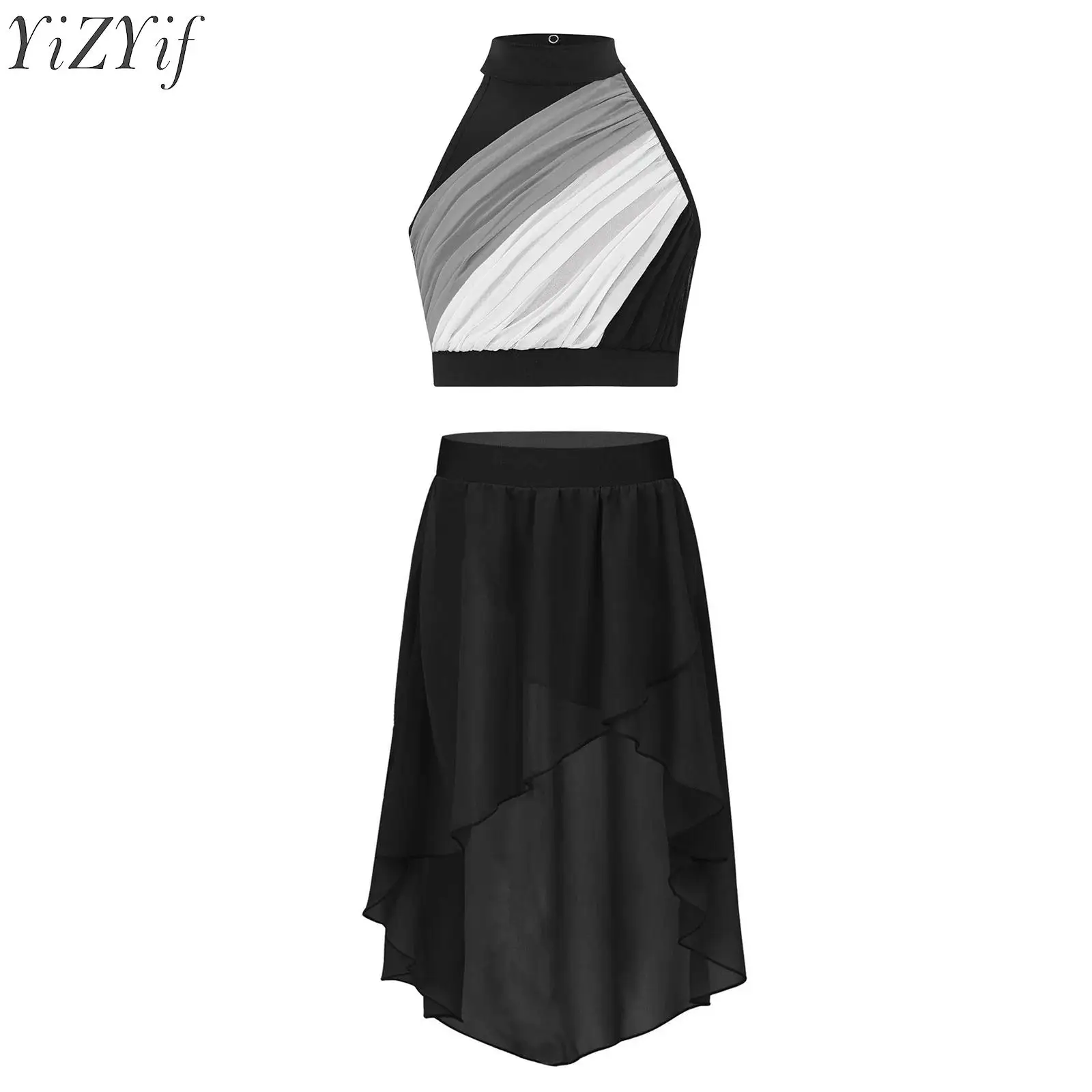 Kids Girls Lyrical Dance Sets Sleeveless Gymnastics Dancewear Keyhole Back Crop Top with High-Low Skirt for Stage Performance
Kids Girls Lyrical Dance Sets Sleeveless Gymnastics Dancewear Keyhole Back Crop Top with High-Low Skirt for Stage Performance