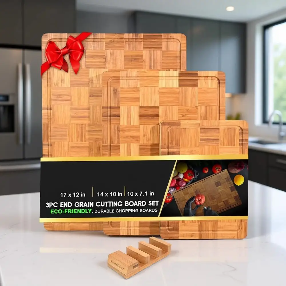 3-Piece End Grain Bamboo Chopping Board Set with Holder - XL Non-Slip Butcher Block Style for Kitchen Carving and Serving
3-Piece End Grain Bamboo Chopping Board Set with Holder - XL Non-Slip Butcher Block Style for Kitchen Carving and Serving
