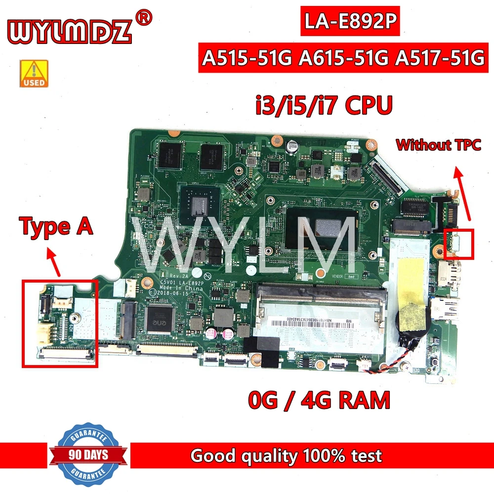 C5V01 LA-E892P 0G/4G-RAM i3/i5/i7 CPU Laptop Motherboard For ACER Aspire A515-51G A615-51G Notebook Mainboard Tested OK
C5V01 LA-E892P 0G/4G-RAM i3/i5/i7 CPU Laptop Motherboard For ACER Aspire A515-51G A615-51G Notebook Mainboard Tested OK